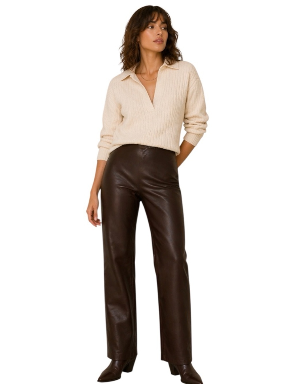 DANIER LEATHER STRAIGHT LEG BROWN PANTS 2